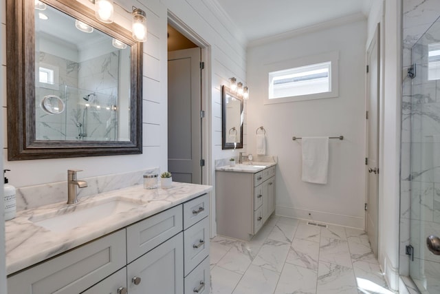 bathroom with a sink, marble finish floor, a marble finish shower, and ornamental molding