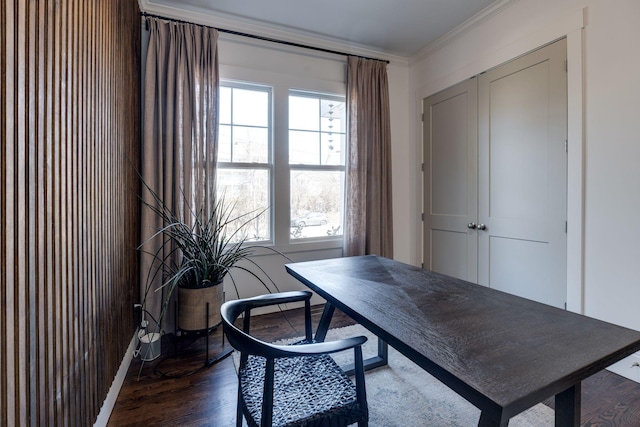 office with crown molding, wood finished floors, and baseboards