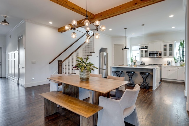 dining area with beamed ceiling, ornamental molding, stairway, and dark wood-style flooring