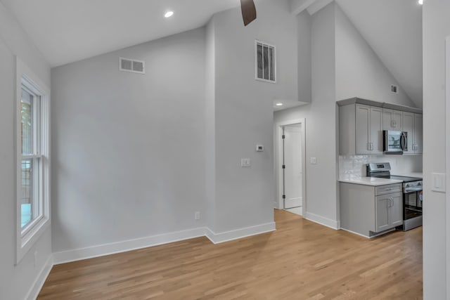 kitchen with appliances with stainless steel finishes, gray cabinets, and visible vents