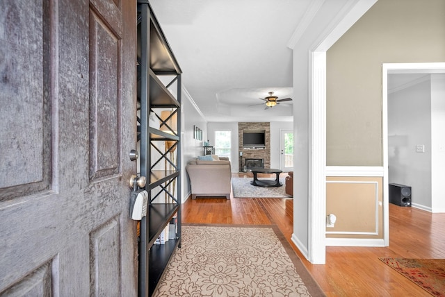 foyer entrance featuring ceiling fan, ornamental molding, wood finished floors, and a stone fireplace