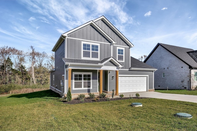 view of front facade with a garage, a front yard, board and batten siding, and concrete driveway