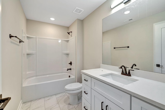 full bath featuring toilet, visible vents, vanity, marble finish floor, and tub / shower combination