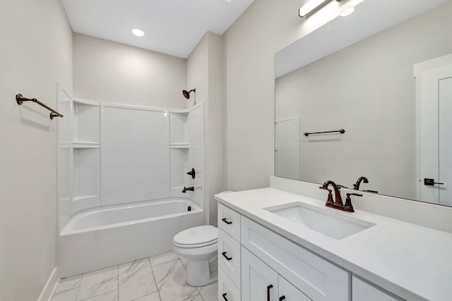 full bath with  shower combination, marble finish floor, vanity, and toilet