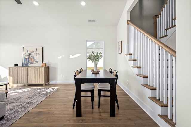 dining room with recessed lighting, visible vents, dark wood finished floors, and baseboards