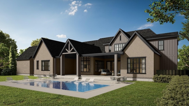 3148 Mcmillan Rd, Franklin, TN 37064 - back of house with an outdoor pool, board and batten siding, a yard, a patio, and brick siding