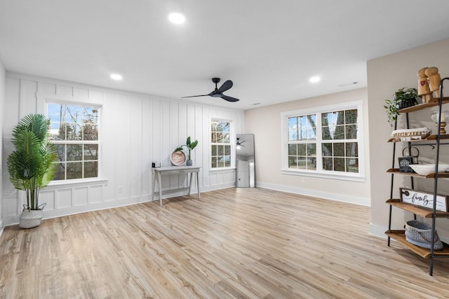 unfurnished room with recessed lighting, ceiling fan, baseboards, and wood finished floors