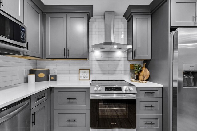 kitchen featuring wall chimney exhaust hood, appliances with stainless steel finishes, gray cabinets, and backsplash