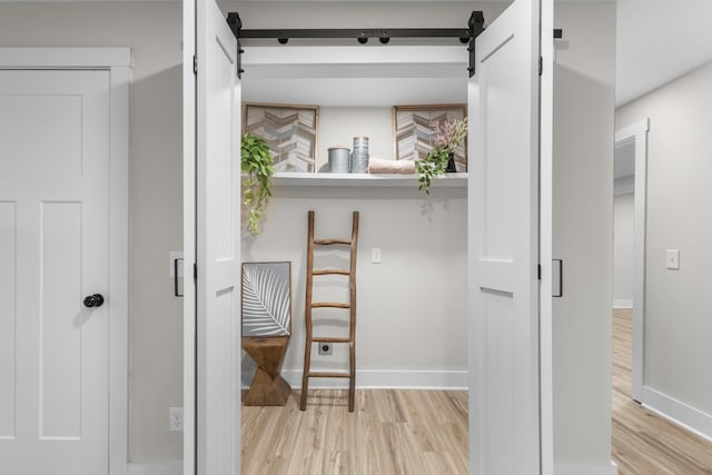 walk in closet featuring a barn door and wood finished floors