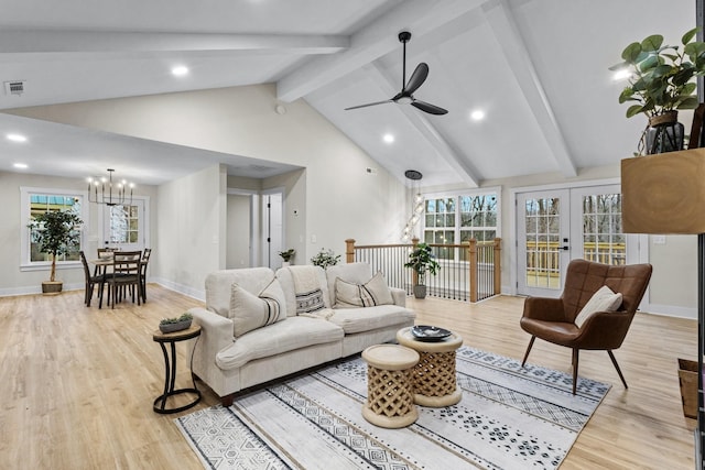 living room featuring french doors, recessed lighting, wood finished floors, beamed ceiling, and baseboards