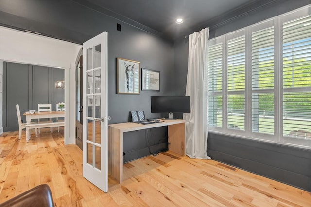 office area with french doors, wood-type flooring, visible vents, and recessed lighting