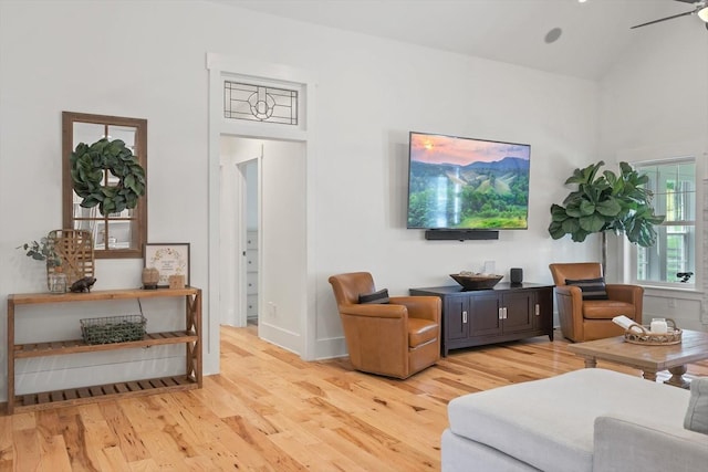 living room featuring lofted ceiling, wood finished floors, and a ceiling fan