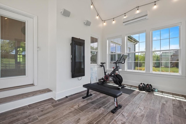 exercise area featuring track lighting, wood finished floors, baseboards, and a wall mounted AC