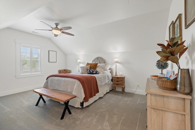 bedroom with lofted ceiling, light colored carpet, ceiling fan, and baseboards