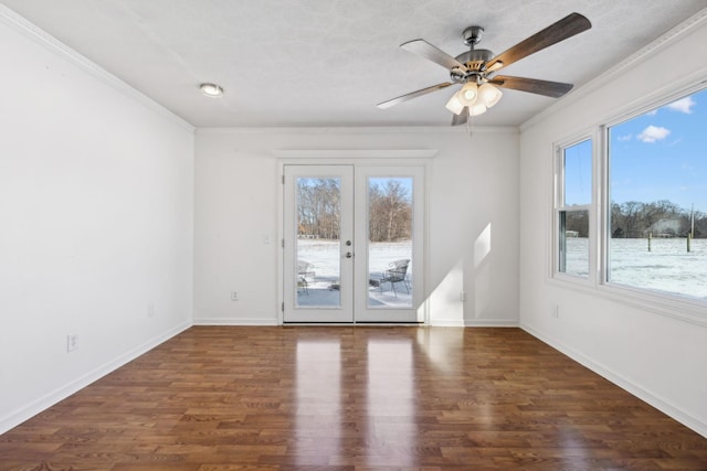 120 Wilkerson Ln, Portland, TN 37148 - empty room with french doors, ornamental molding, a ceiling fan, wood finished floors, and baseboards