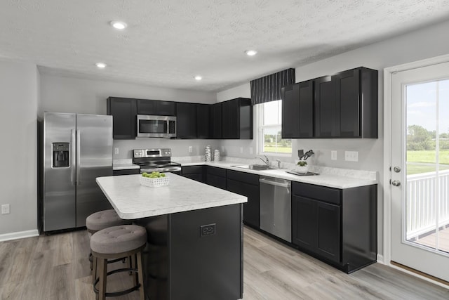 kitchen with light wood-style flooring, stainless steel appliances, dark cabinetry, and a sink