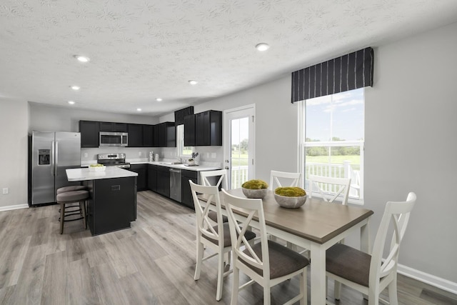 kitchen featuring light wood finished floors, light countertops, appliances with stainless steel finishes, dark cabinets, and a center island