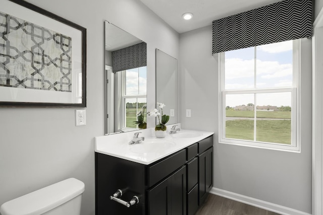 full bathroom featuring double vanity, toilet, baseboards, and a sink