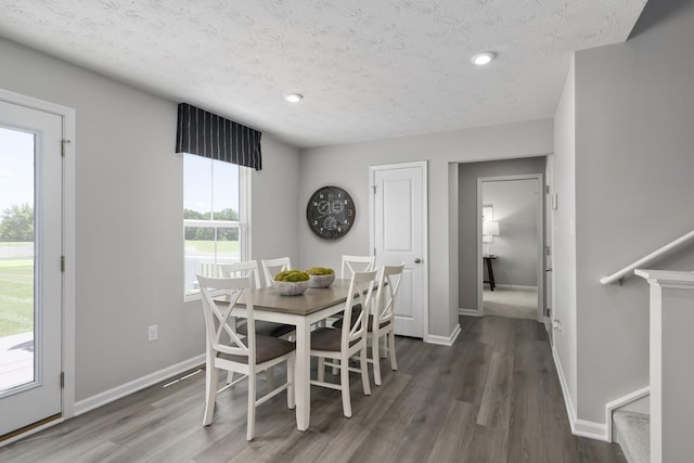 dining space with wood finished floors, baseboards, and a textured ceiling