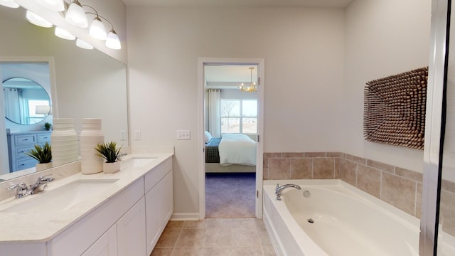 full bath with double vanity, a sink, a bath, and connected bathroom