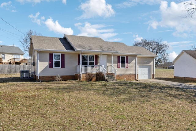 single story home with central AC unit, crawl space, fence, a porch, and a front yard