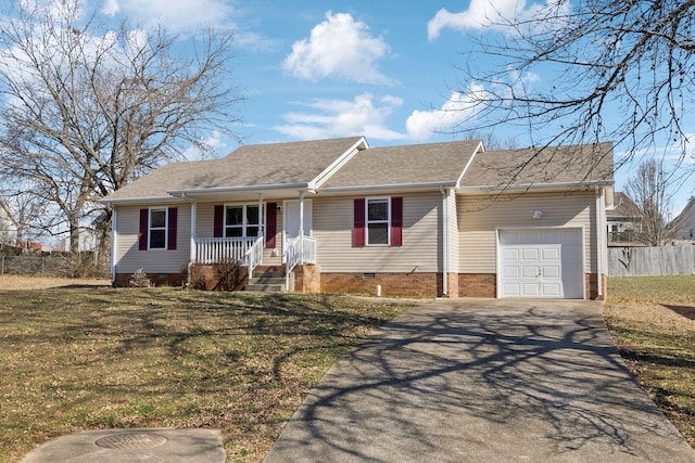 single story home with aphalt driveway, crawl space, an attached garage, a porch, and a front yard