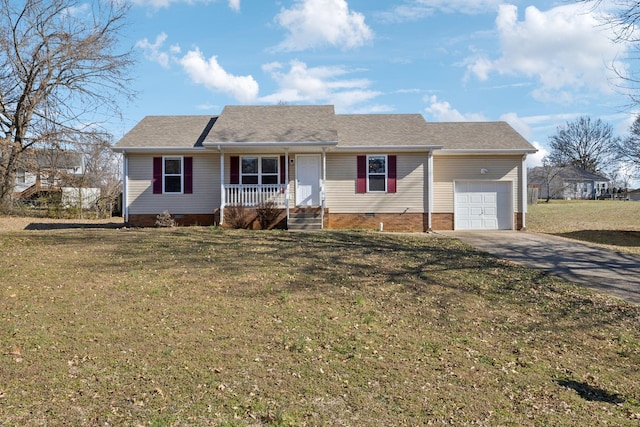 ranch-style house featuring driveway, a garage, a porch, crawl space, and a front lawn