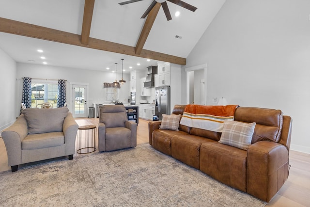 living room with visible vents, light wood-style flooring, beamed ceiling, high vaulted ceiling, and recessed lighting