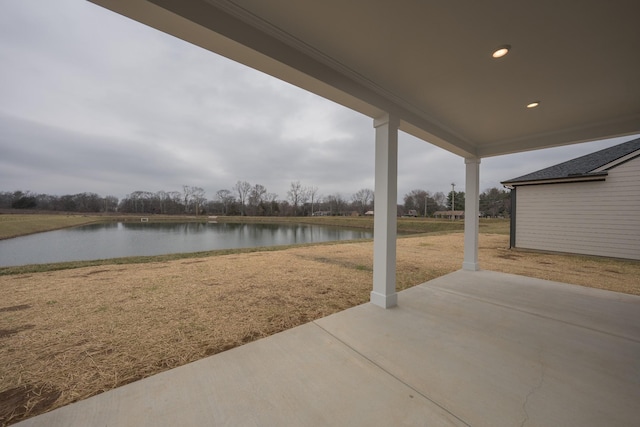 view of patio / terrace featuring a water view