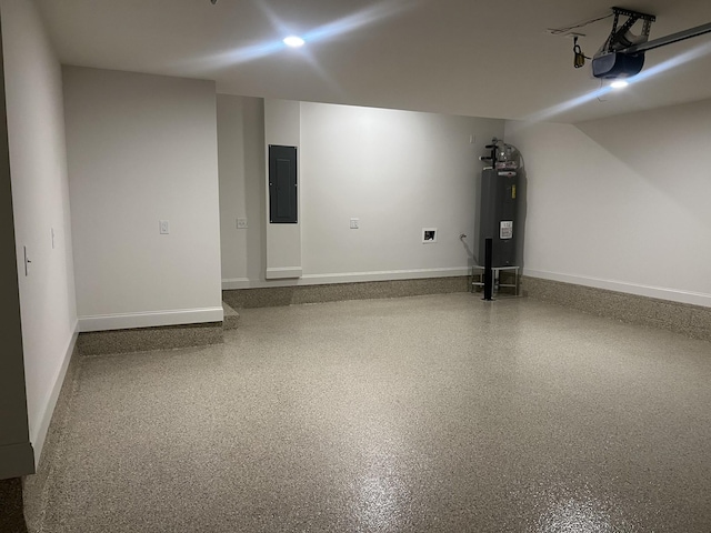 garage with water heater, baseboards, electric panel, and a garage door opener