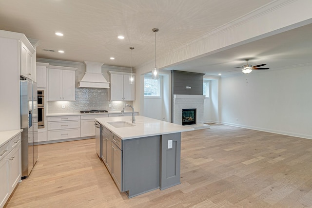 kitchen featuring ornamental molding, stainless steel appliances, premium range hood, and a sink