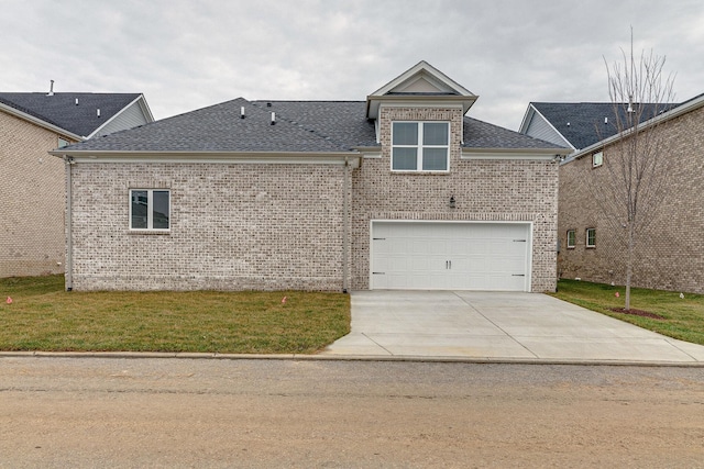 traditional home featuring a shingled roof, concrete driveway, brick siding, and an attached garage