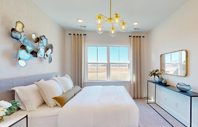 carpeted bedroom with recessed lighting, visible vents, baseboards, and an inviting chandelier