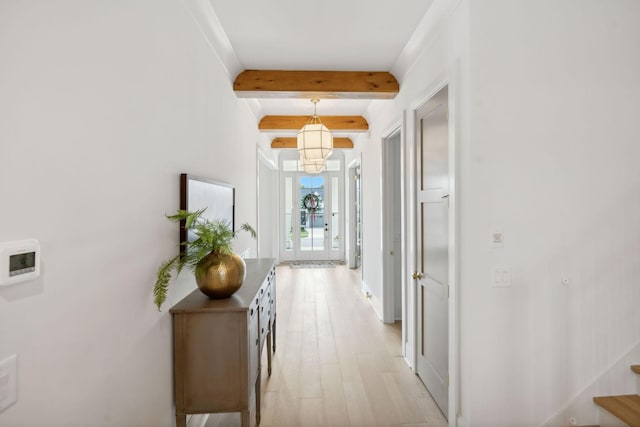 6324 Percheron Ln, Arrington, TN 37014 - hallway with light wood-style floors, a notable chandelier, beamed ceiling, and stairway
