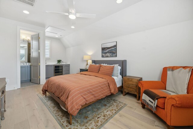 6324 Percheron Ln, Arrington, TN 37014 - bedroom featuring visible vents, light wood-style flooring, attic access, vaulted ceiling, and beverage cooler