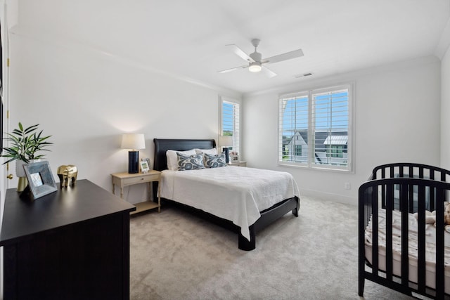 6324 Percheron Ln, Arrington, TN 37014 - bedroom with baseboards, visible vents, ceiling fan, ornamental molding, and carpet flooring