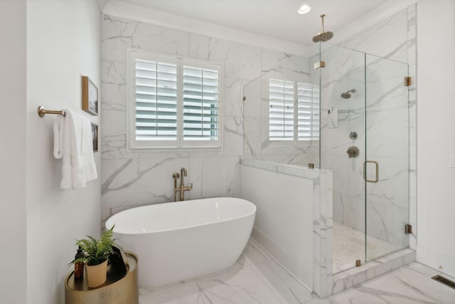 6324 Percheron Ln, Arrington, TN 37014 - bathroom with marble finish floor, a freestanding tub, a marble finish shower, and visible vents