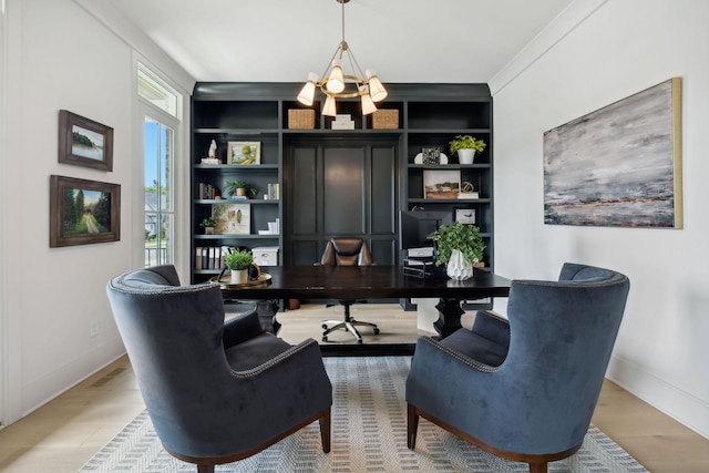 6324 Percheron Ln, Arrington, TN 37014 - office featuring built in shelves, light wood-style floors, visible vents, and a notable chandelier