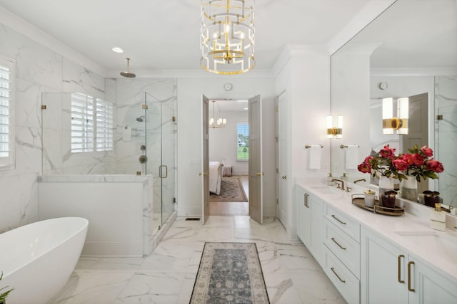 6324 Percheron Ln, Arrington, TN 37014 - ensuite bathroom featuring marble finish floor, ornamental molding, a marble finish shower, and an inviting chandelier