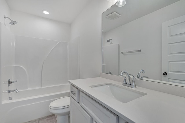 full bath featuring tile patterned flooring, toilet, bathing tub / shower combination, vanity, and visible vents