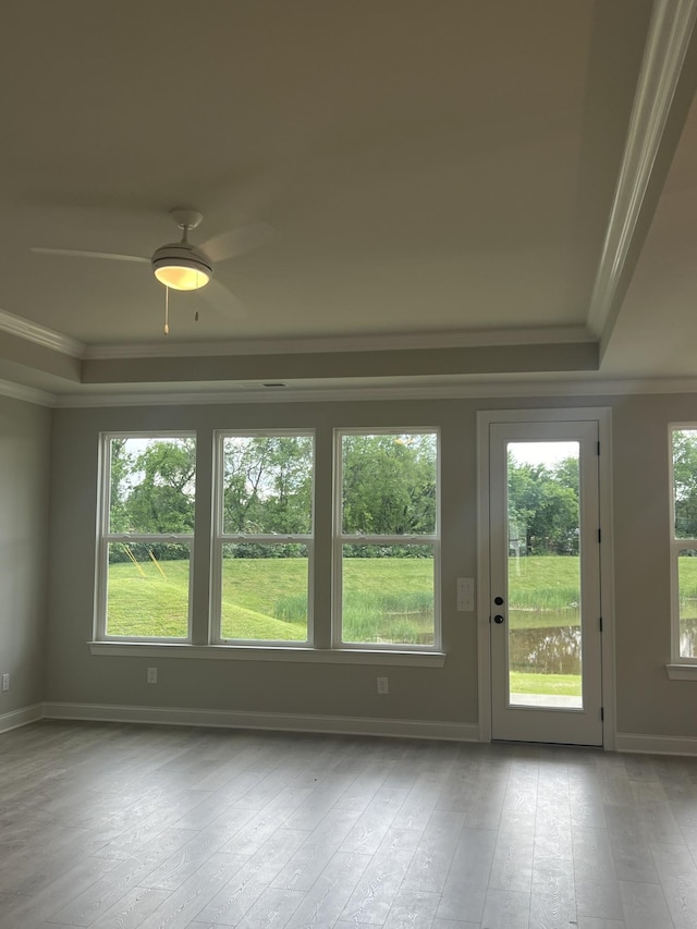 unfurnished sunroom featuring a tray ceiling and a ceiling fan