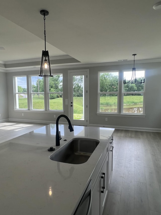 kitchen featuring wood-type flooring, ornamental molding, light stone counters, and a sink