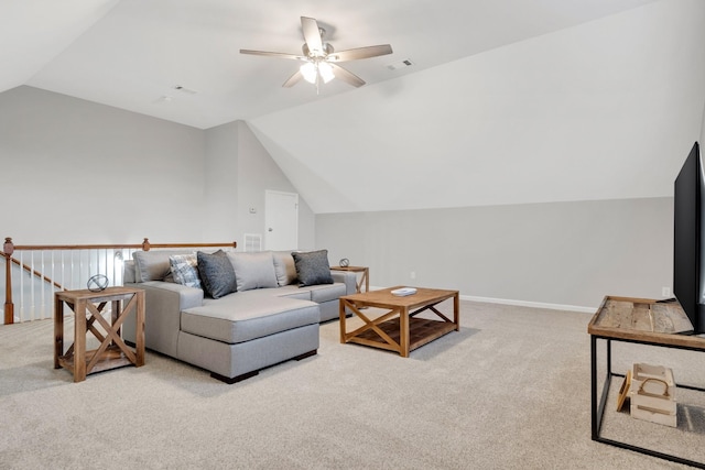 carpeted living area with vaulted ceiling, ceiling fan, visible vents, and baseboards