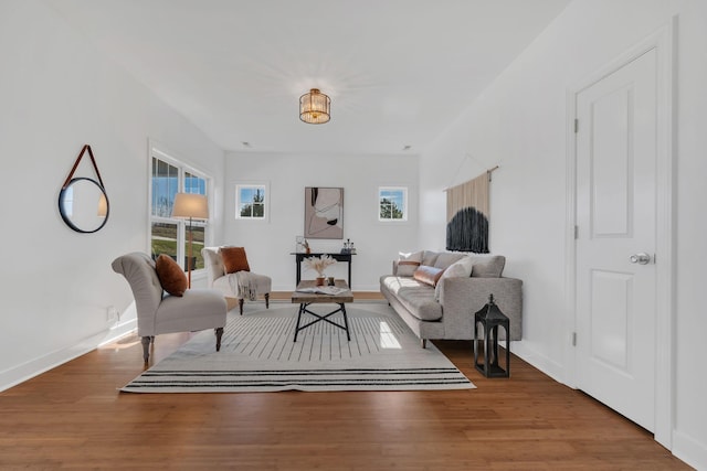 living room with baseboards and wood finished floors