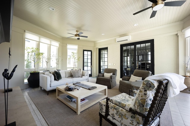 tiled living area featuring wooden ceiling, ornamental molding, a ceiling fan, and a wall mounted air conditioner