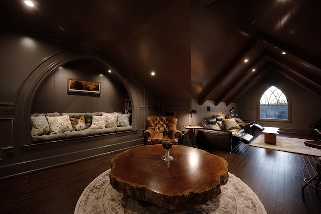 cinema room with lofted ceiling, wood ceiling, and hardwood / wood-style floors