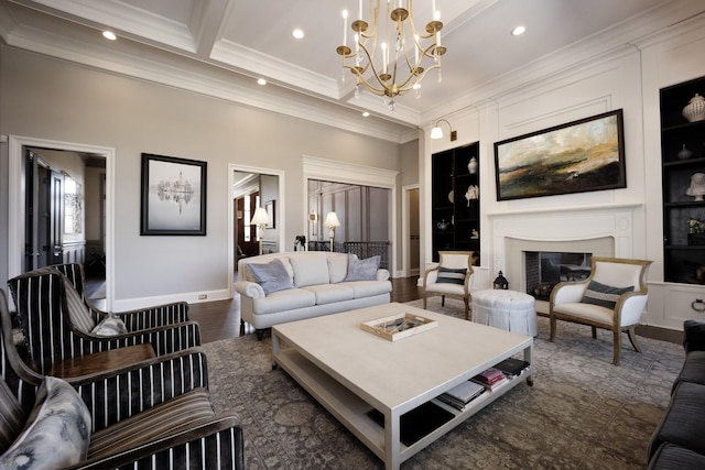 living room featuring a glass covered fireplace, ornamental molding, dark wood-type flooring, beam ceiling, and recessed lighting