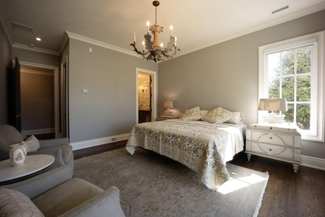 bedroom with baseboards, crown molding, visible vents, and wood finished floors