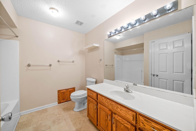 bathroom featuring visible vents, a shower, a textured ceiling, tile patterned floors, and toilet