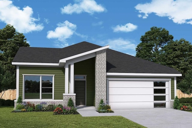 view of front facade featuring a garage, a shingled roof, driveway, stone siding, and a front yard